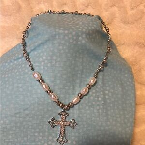Elegant Silver and Pearl Cross Necklace 14”
